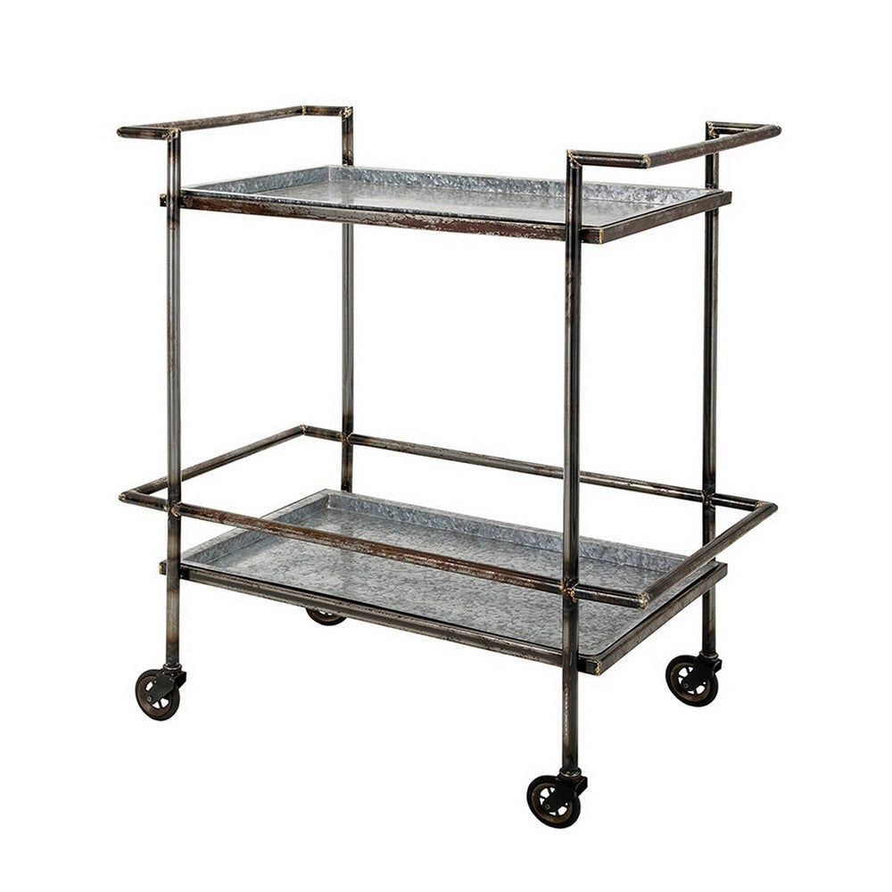 35 Inch 2 Tier Bar Cart, Industrial Style, Caster Wheels, Rustic Bronze By Casagear Home