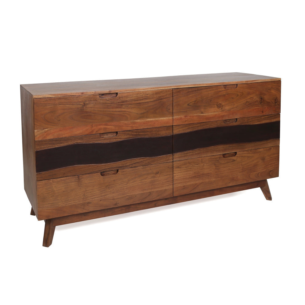 Hedy 59 Inch Long Dresser, Acacia Wood, 6 Spacious Drawers, Brown Finish By Casagear Home