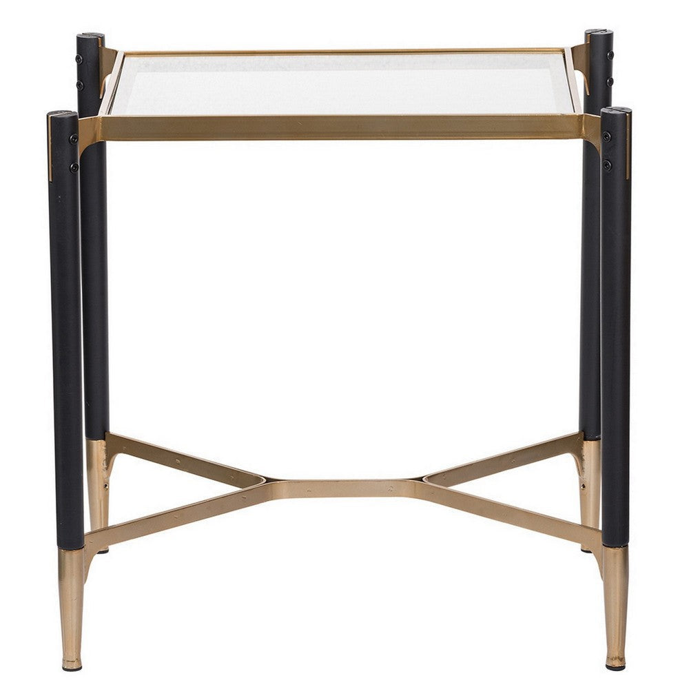 24 Inch Accent Side Table Iron Frame Glass Top Modern Gold Black By Casagear Home BM285124