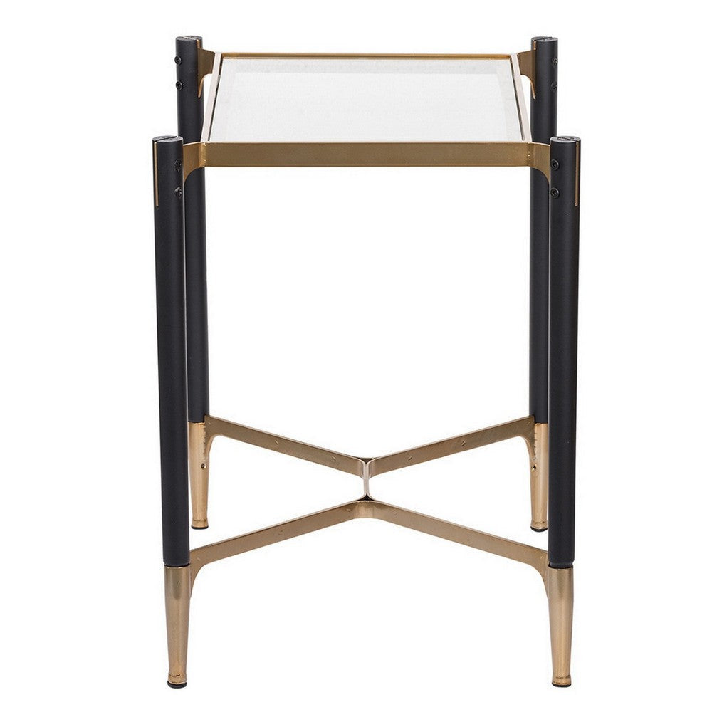 24 Inch Accent Side Table Iron Frame Glass Top Modern Gold Black By Casagear Home BM285124