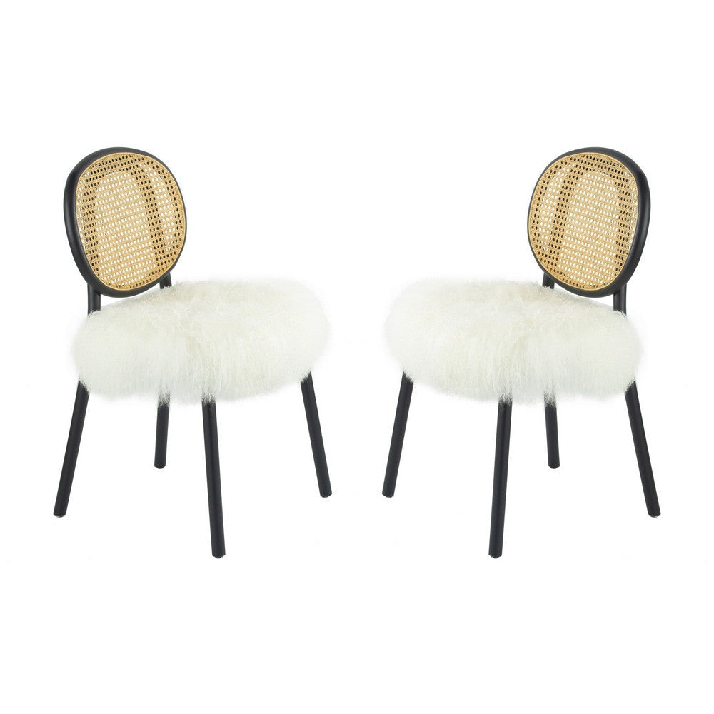 Ada 24 Inch Dining Chair Cane Rattan Back Fur Seat Set of 2 Black By Casagear Home BM285138