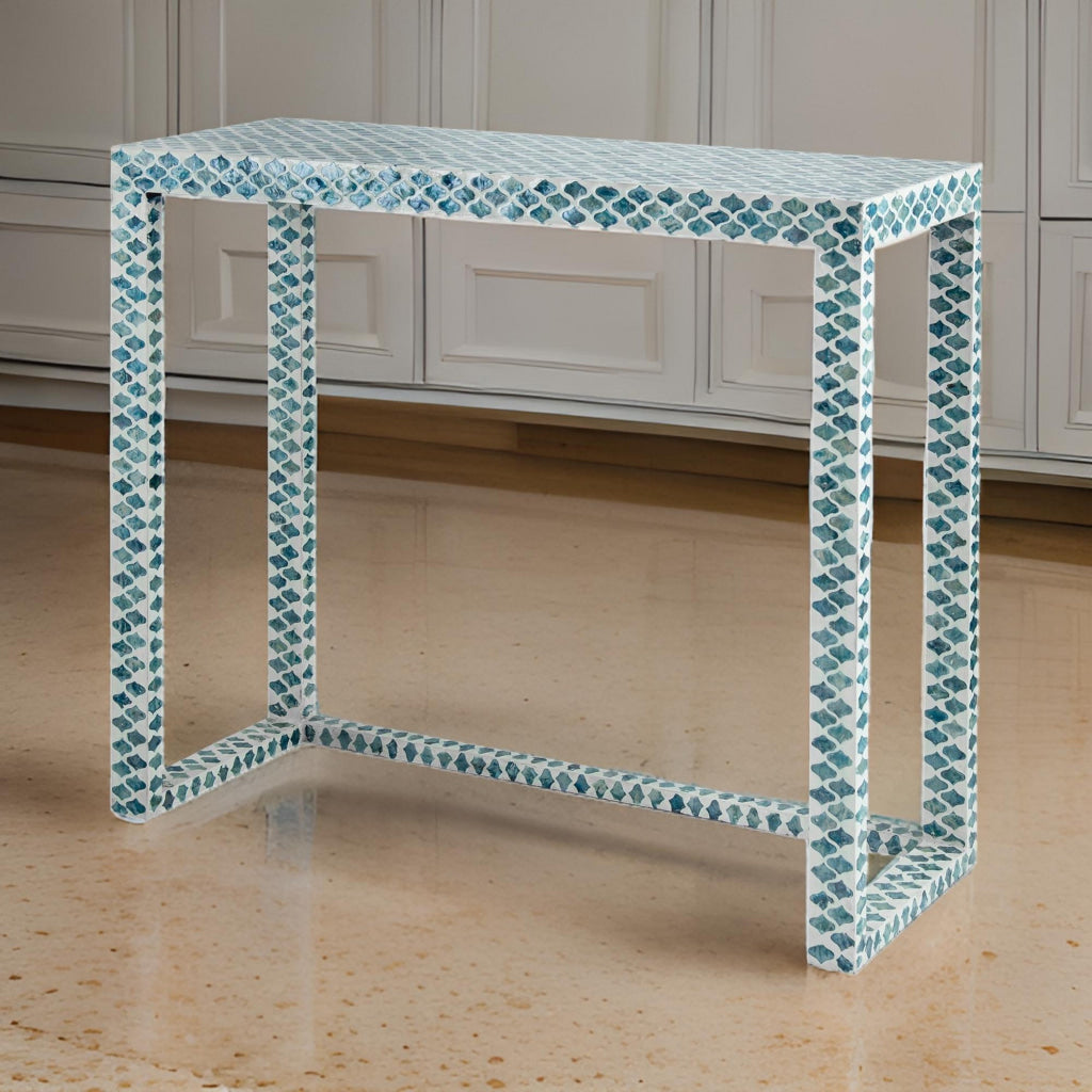 36 Inch Accent Console Table, Capiz Shell Inlay, Rectangular, Blue By Casagear Home