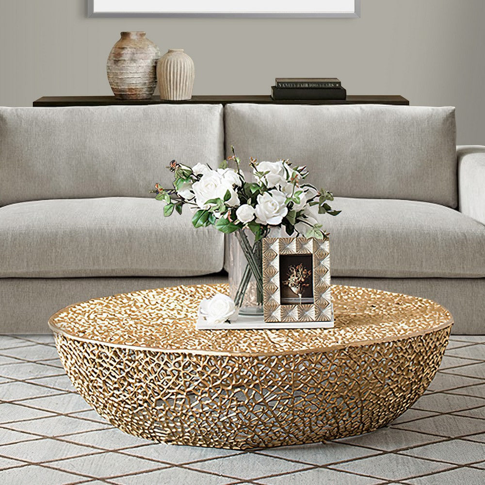 45 Inch Coffee Table Bowl Drum Shape Netted Mesh Design Bronze Aluminum By Casagear Home BM285150