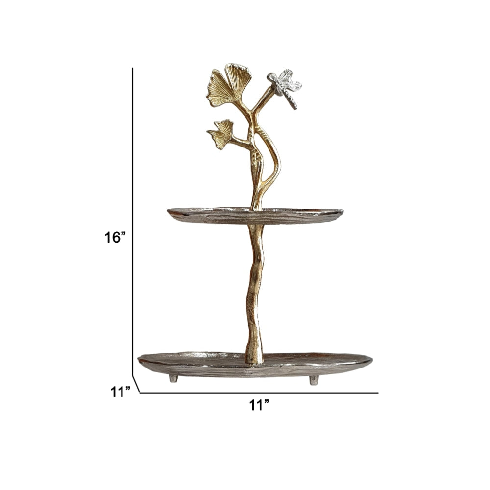 16 Inch Elegant Accent Table 2 Tier Aluminum Cherry Blossom Gold Silver By Casagear Home BM285160