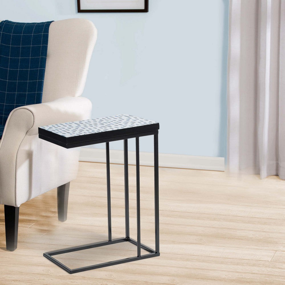 24 Inch End Side Table, Blue Patterned Top, C Shape Open Frame, Black By Casagear Home