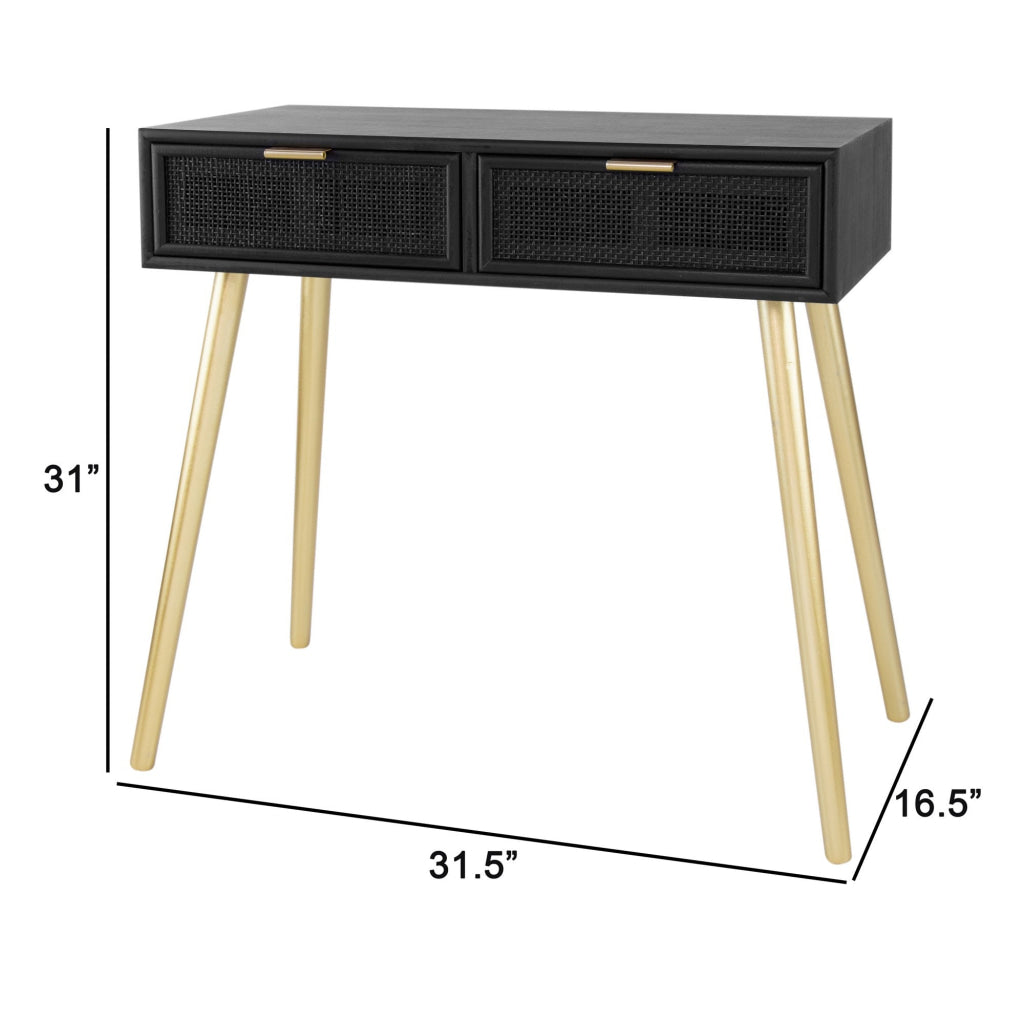 Pia 32 Inch Wood Console Table 2 Drawers Woven Rattan Design Black Gold By Casagear Home BM285177