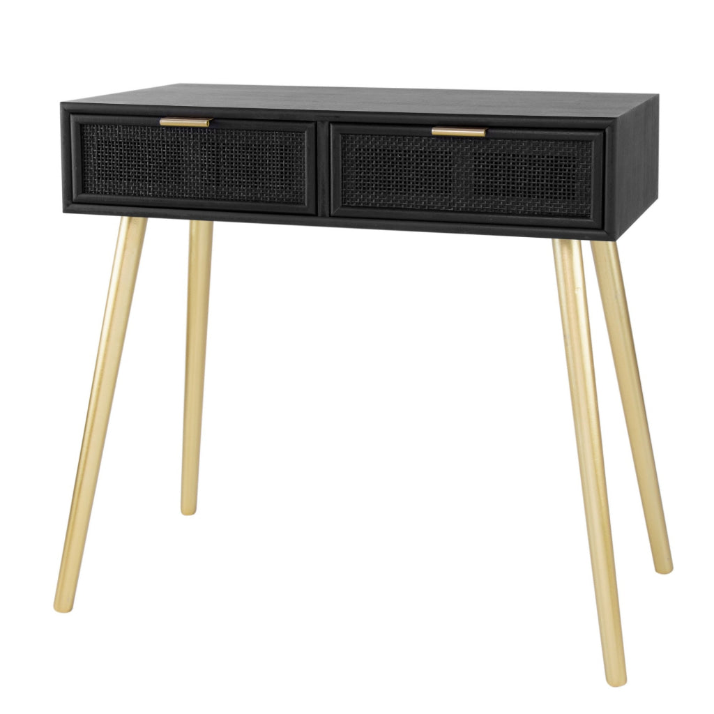 Pia 32 Inch Wood Console Table 2 Drawers Woven Rattan Design Black Gold By Casagear Home BM285177