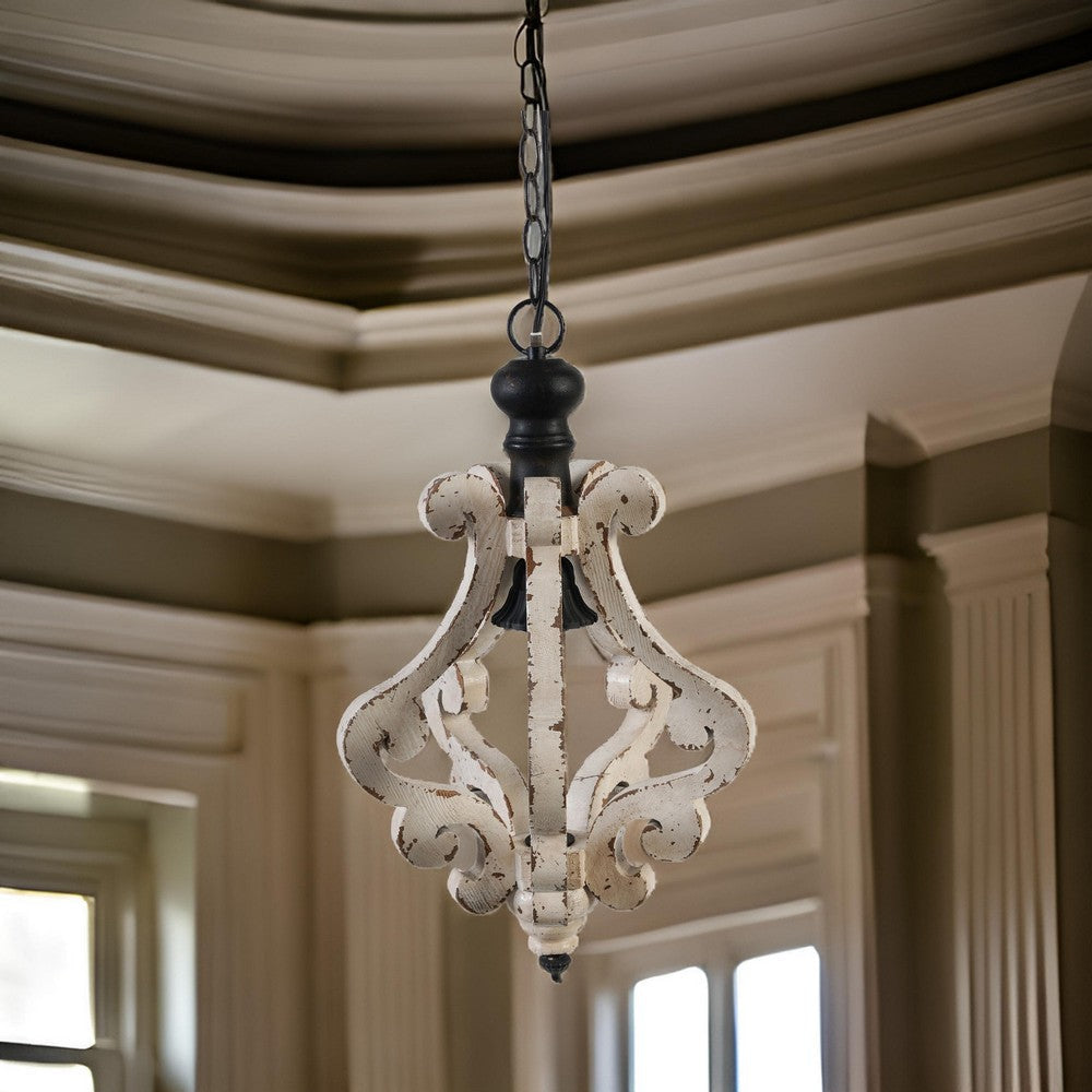 13 Inch 1 Light Chandelier, Classic Fir Wood Scrollwork, Iron, White, Black By Casagear Home