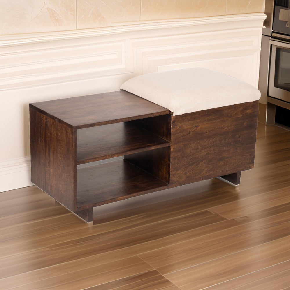 40 Inch Accent Storage Bench, Sliding Cushion Top, Modern, Brown Wood By Casagear Home