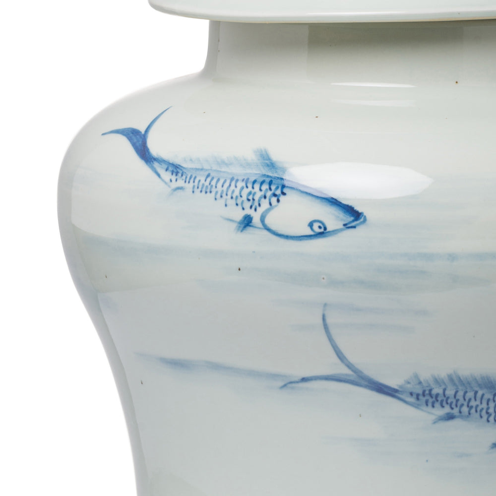 18 Inch Porcelain Ginger Jar Artful Wispy Fish Classic White and Blue By Casagear Home BM285358