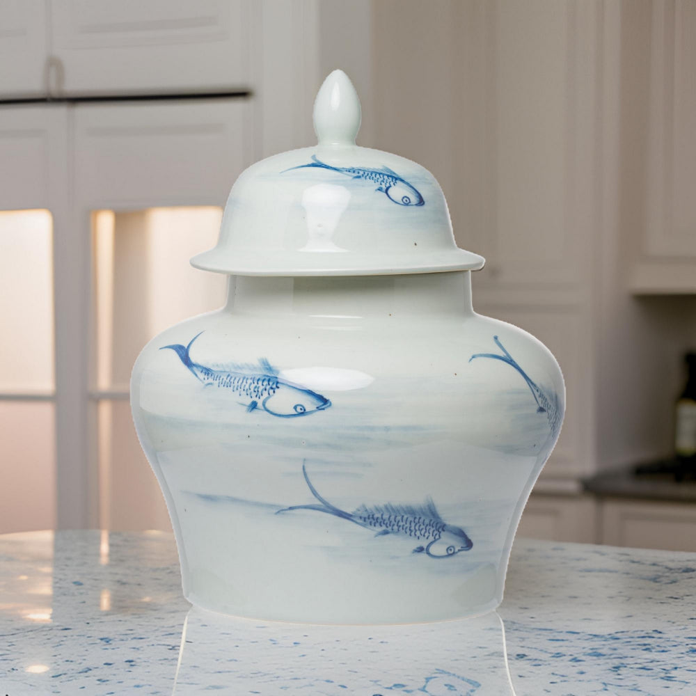 18 Inch Porcelain Ginger Jar, Artful Wispy Fish, Classic White and Blue By Casagear Home