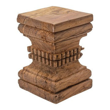 20 Inch Accent Table, Rustic Pillar Pedestal with Scrolled Carvings, Brown By Casagear Home