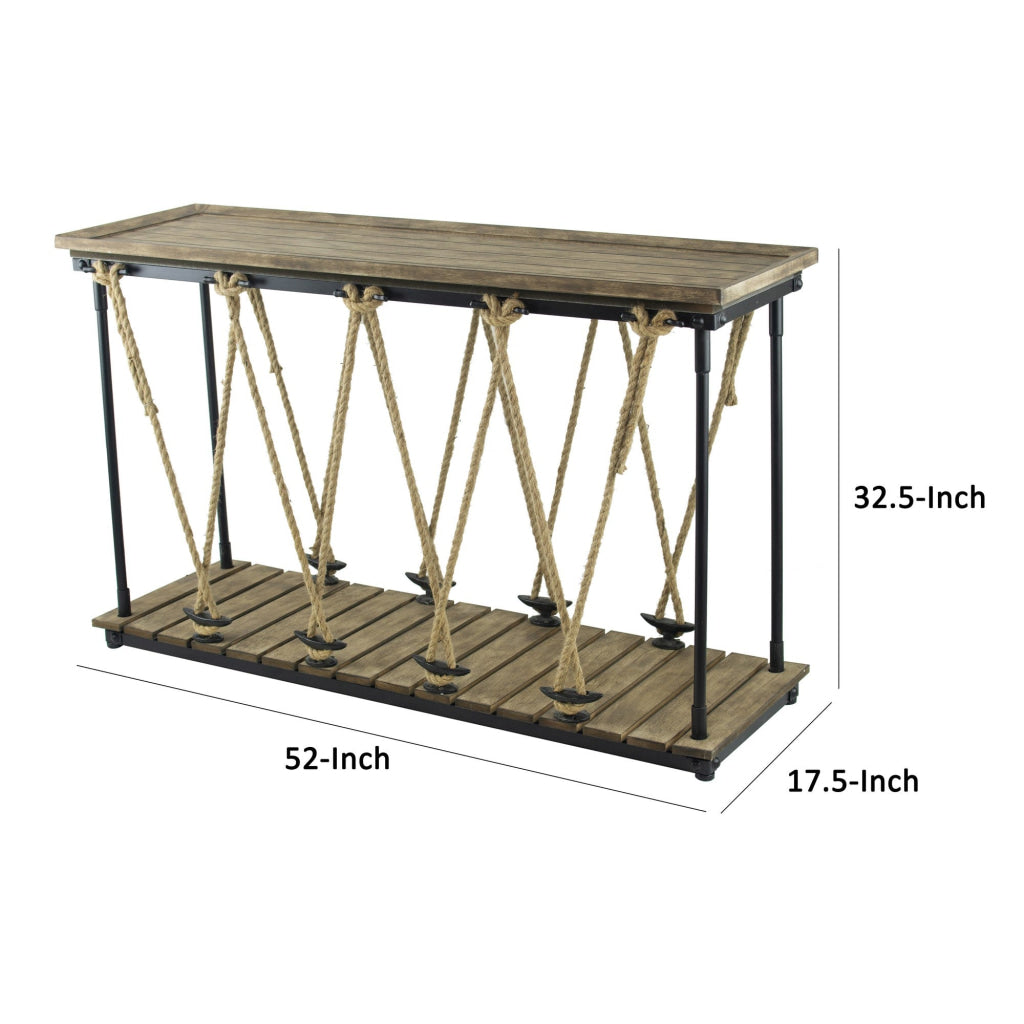 52 Inch Console Table Rustic Plank Top with Crossed Rope Design Brown By Casagear Home BM285382