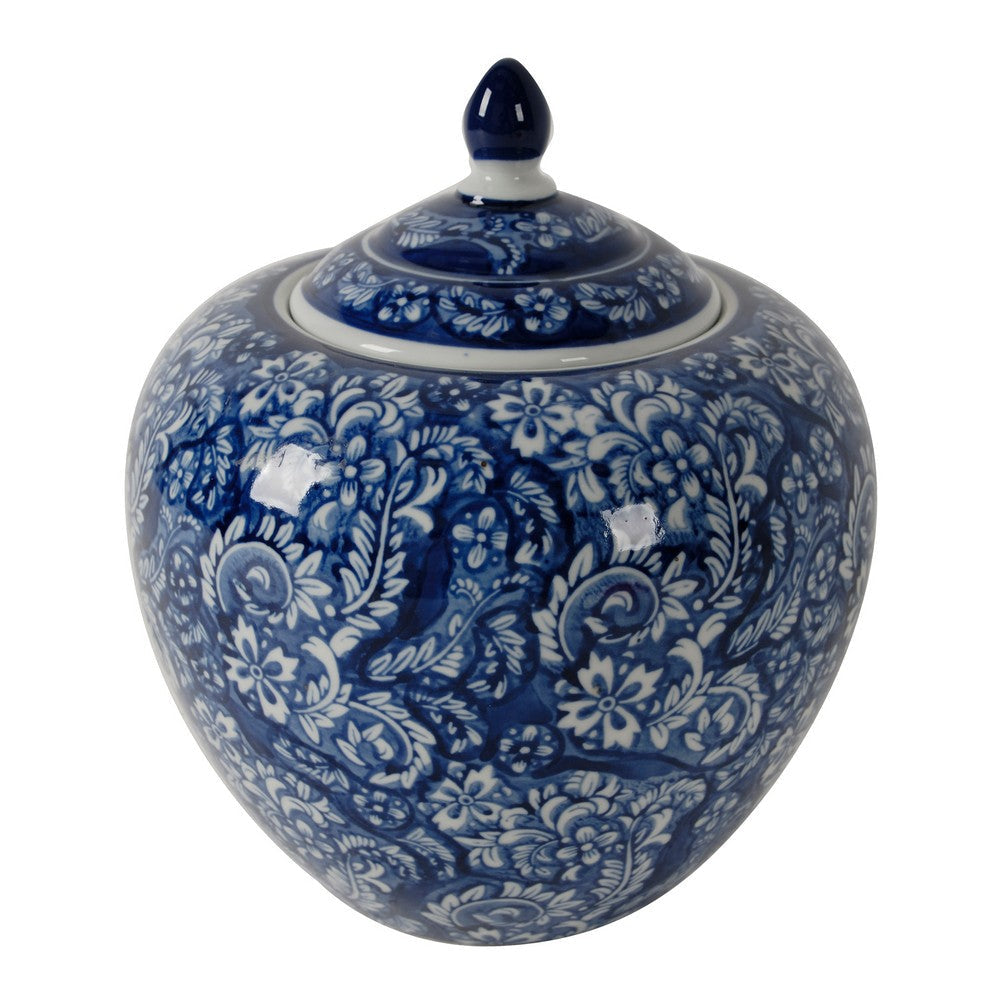 10 Inch Lidded Jar Curved Round Persian Floral Print Blue Porcelain By Casagear Home BM285519