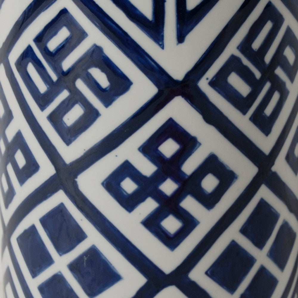 14 Inch Lidded Jar Geometric Pattern Cylindrical Blue and White Porcelain By Casagear Home BM285526