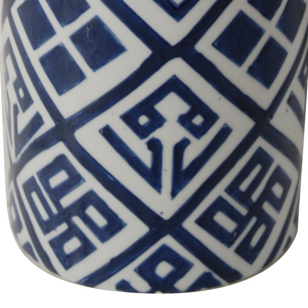 14 Inch Lidded Jar Geometric Pattern Cylindrical Blue and White Porcelain By Casagear Home BM285526