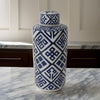 14 Inch Lidded Jar, Geometric Pattern, Cylindrical Blue and White Porcelain By Casagear Home