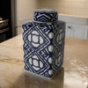 10 Inch Lidded Jar, Porcelain Construction, Deep Blue Graphic Trellis By Casagear Home