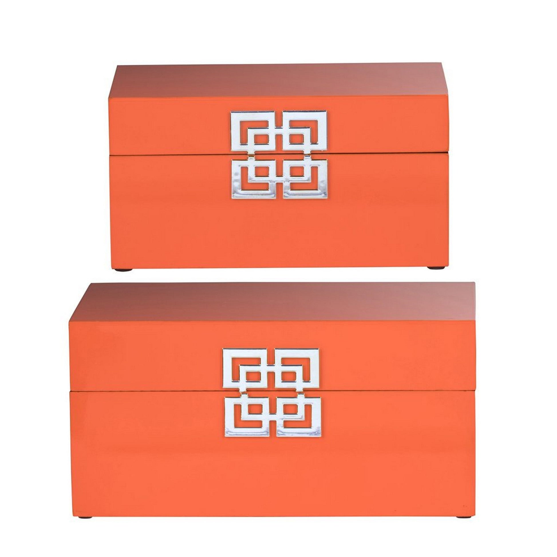 Neo 14 11 Inch Set of 2 Decorative Boxes Geometric Metal Accents Orange By Casagear Home BM285589