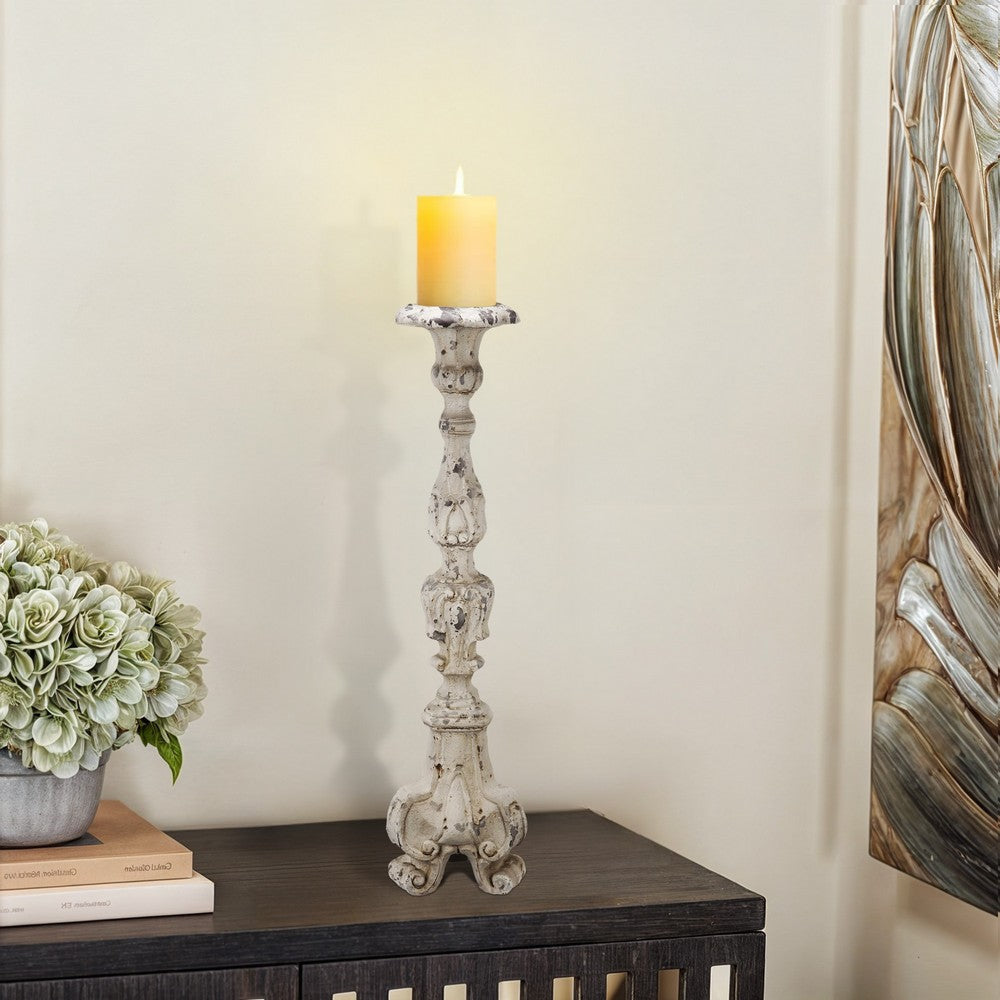 28 Inch Metal Candle Holder Classical Turned Pedestal Distressed White By Casagear Home BM285595