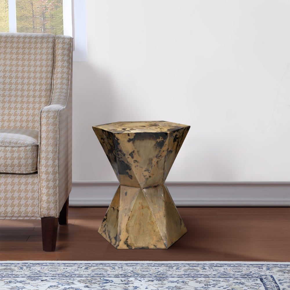 19 Inch Modern Side End Table, Hourglass Shape, Iron Patina Finish, Gold By Casagear Home