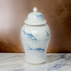 19 Inch Ginger Jar, Lidded, Painted Blue Koi Fish Over White Porcelain By Casagear Home