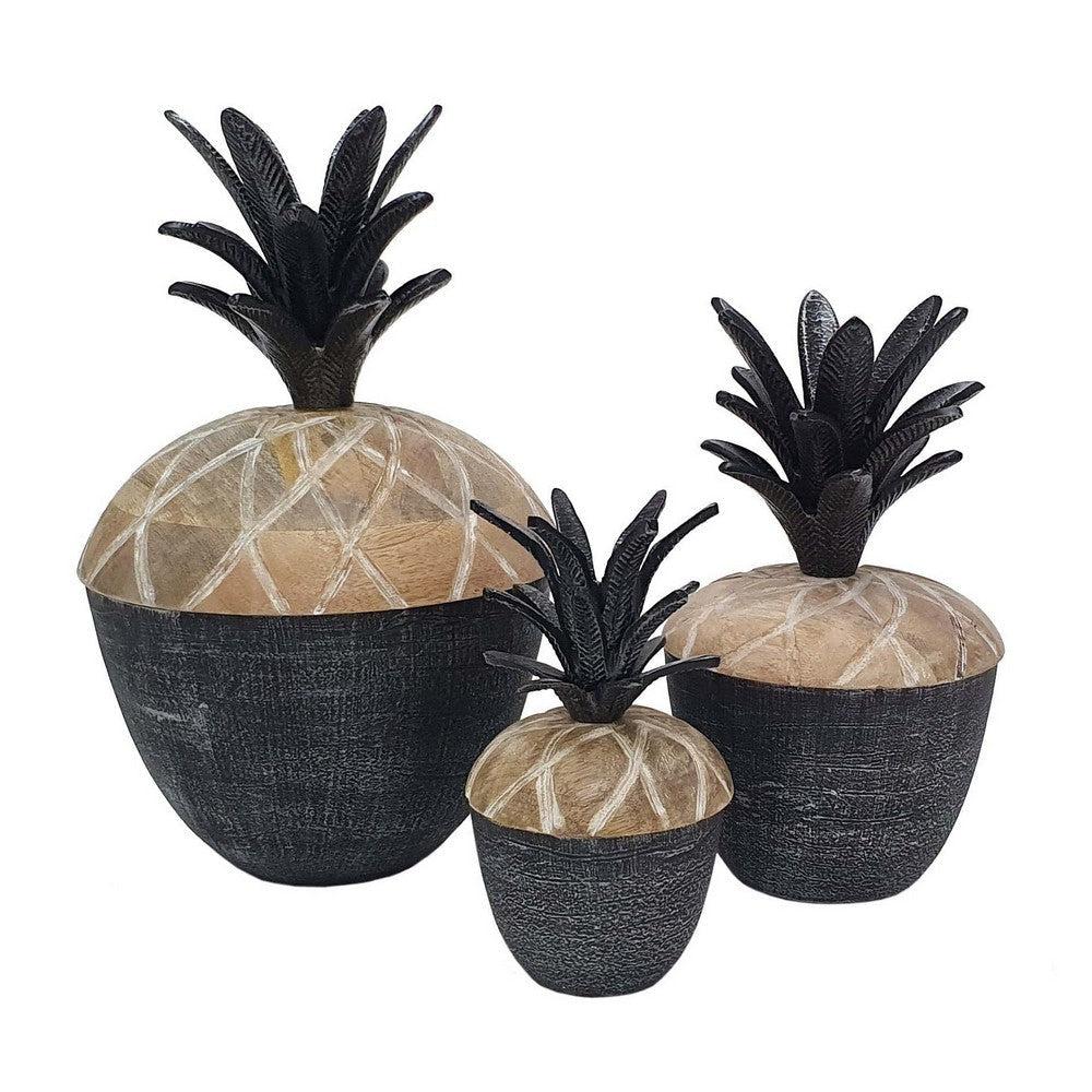 14 12 11 Inch Lidded Jar Pineapple Design Gray Mango Wood Set of 3 By Casagear Home BM285888