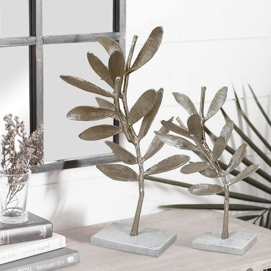 28, 23 Inch Set of 2 Metal Statuettess, Decorative Accent Olive Tree, White By Casagear Home