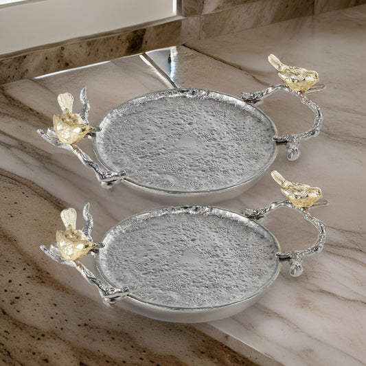 14 Inch Small Decorative Tray Set of 2, Perched Birds, Silver Metal Frame By Casagear Home