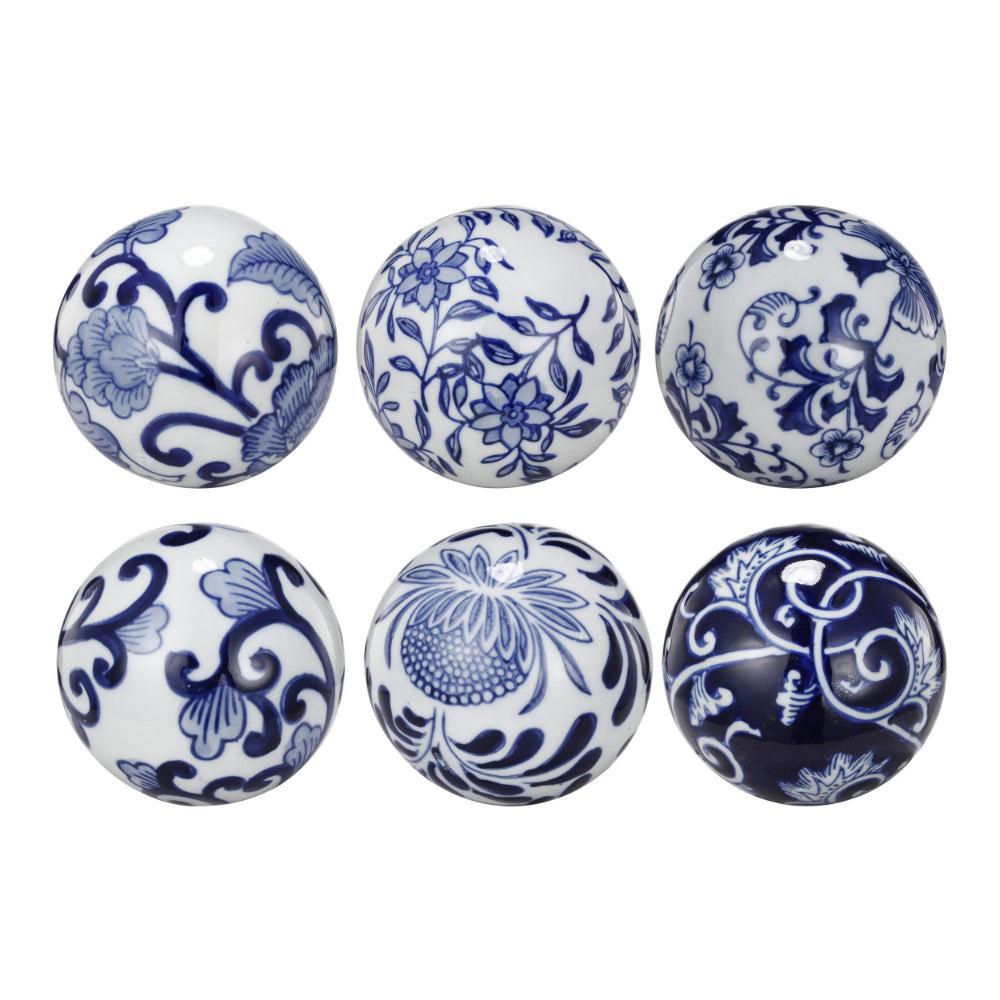 4 Inch Decorative Ball Set of 6 Orbs Blue And White Printed Porcelain By Casagear Home BM286144