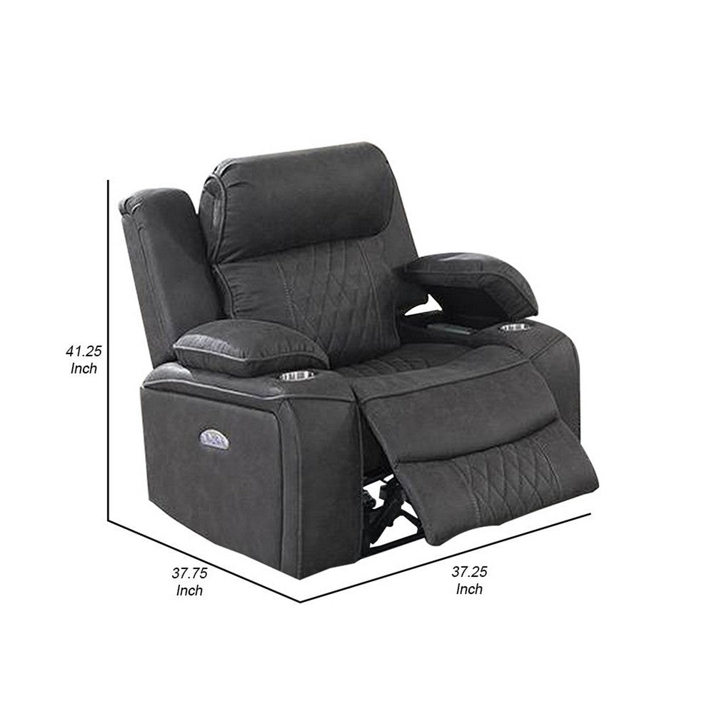 Xiu 38 Inch Power Recliner Chair USB Port Storage Gray Faux Leather By Casagear Home BM286285