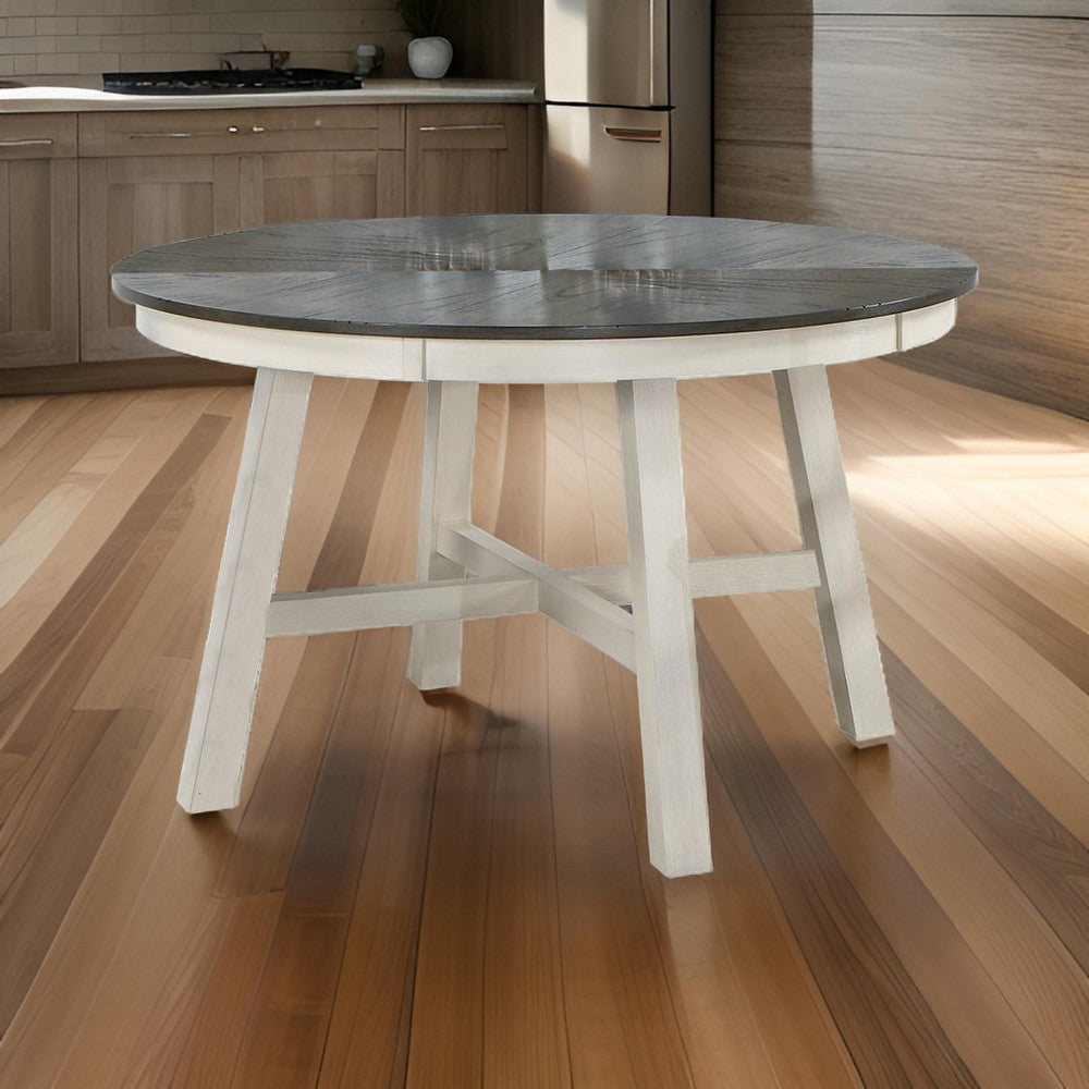 48 Inch Round Dining Table, 2 Tone Dark Veneer Top, Crisp White Base By Casagear Home