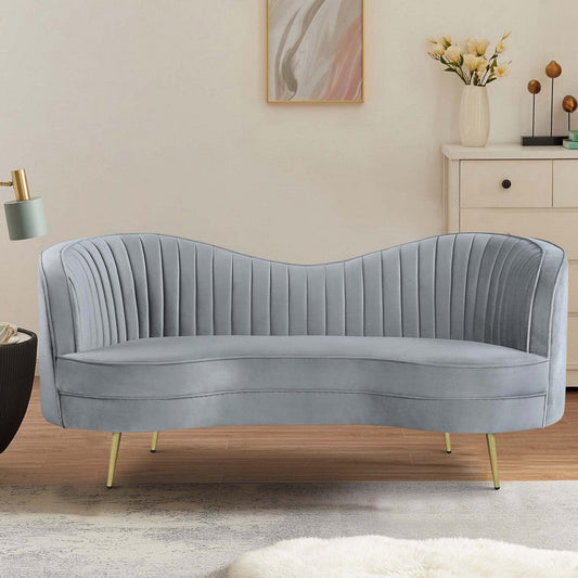 Enzo 74 Inch Modern Loveseat, Channel Tufted Kidney Shape, Gray and Gold By Casagear Home