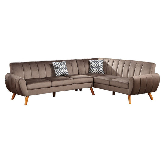 Lynn 2 Piece L Shaped Sectional Sofa, Vertical Tufting, Velvet, Taupe Brown By Casagear Home