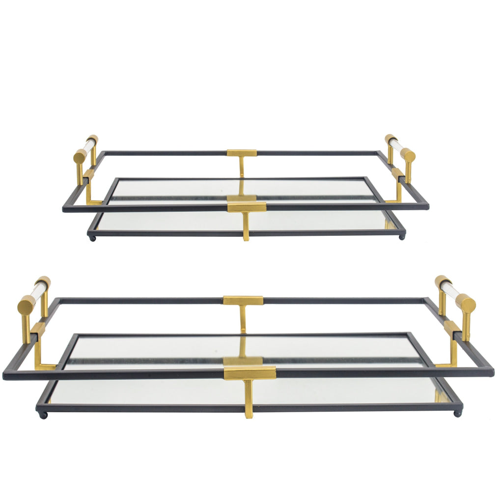 21 27 Inch Set of 2 Decorative Trays with Mirror Modern Frame Gold Black By Casagear Home BM286365