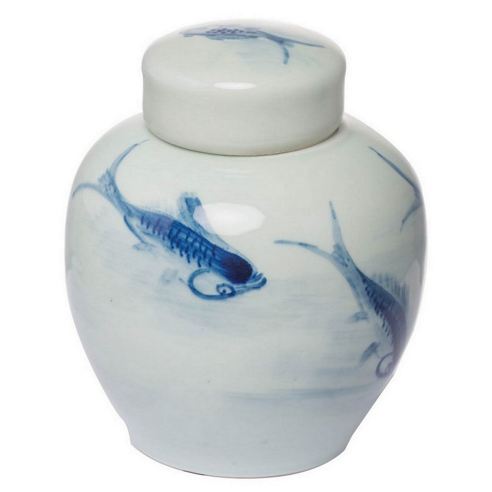 8 Inch Lidded Ginger Jar Painted Koi Fish White Blue Porcelain Set of 2 By Casagear Home BM286405