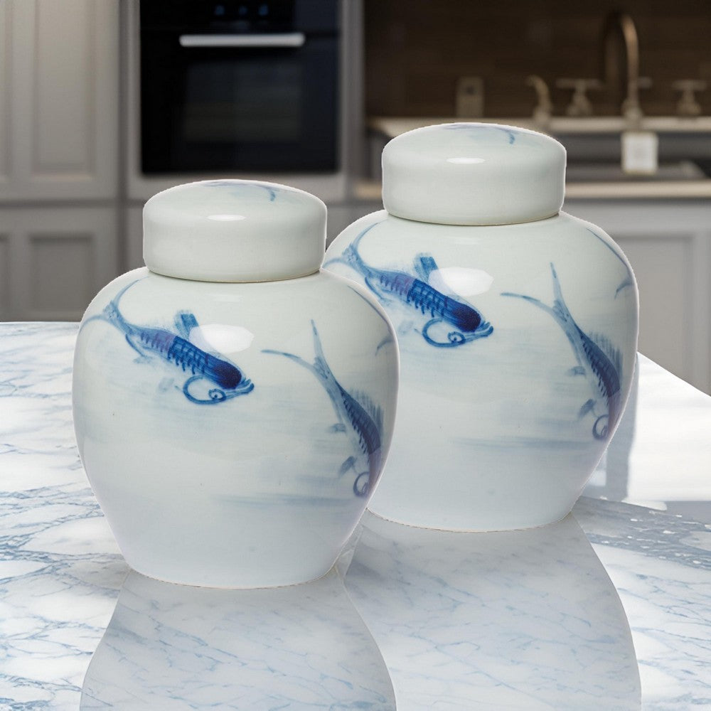 8 Inch Lidded Ginger Jar, Painted Koi Fish, White Blue Porcelain, Set of 2 By Casagear Home