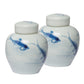 8 Inch Lidded Ginger Jar Painted Koi Fish White Blue Porcelain Set of 2 By Casagear Home BM286405