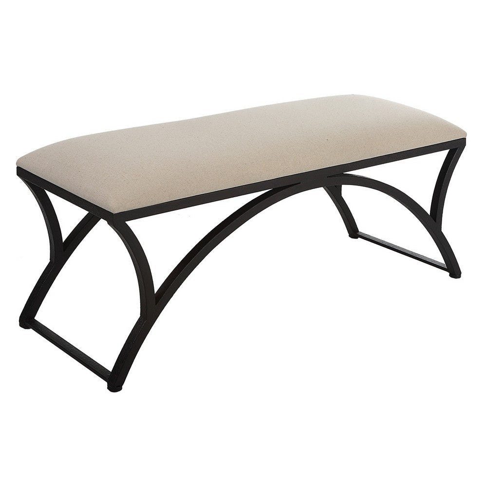 47 Inch Modern Accent Bench with Arched Frame, Cushioned Top, Beige, Black By Casagear Home