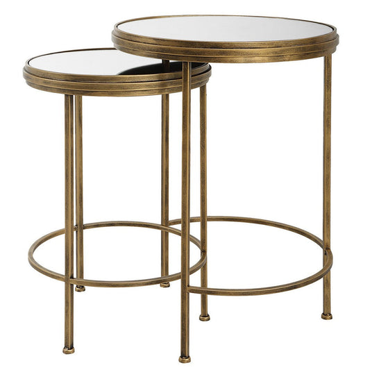 15, 18 Inch Set of 2 Nesting Accent Tables with Mirrored Tops, Modern, Gold By Casagear Home