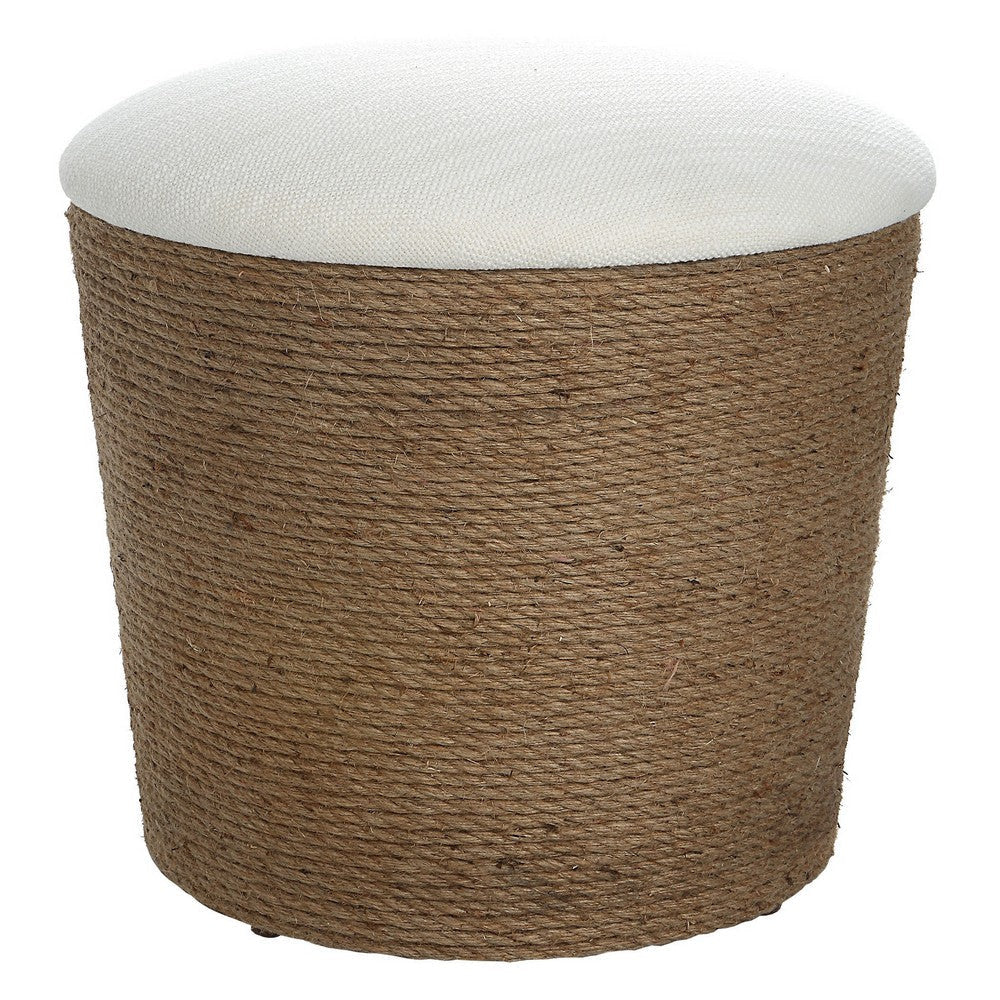 18 Inch Classic Storage Accent Ottoman, Rope Wrapped Base, Off White, Brown By Casagear Home