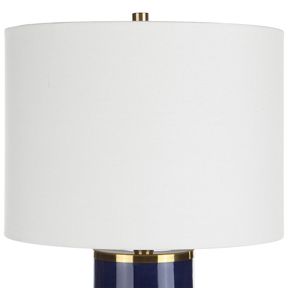 26 Inch Modern Table Lamp Hardback Linen Shade Ceramic Body Blue Gold By Casagear Home BM286558