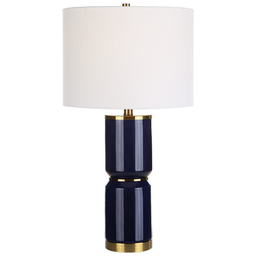 26 Inch Modern Table Lamp, Hardback Linen Shade, Ceramic Body, Blue, Gold By Casagear Home