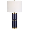 26 Inch Modern Table Lamp, Hardback Linen Shade, Ceramic Body, Blue, Gold By Casagear Home