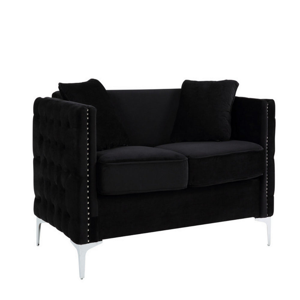 Zion 53 Inch Accent Loveseat Handmade Nailhead Trim Tufted Black Velvet By Casagear Home BM286568