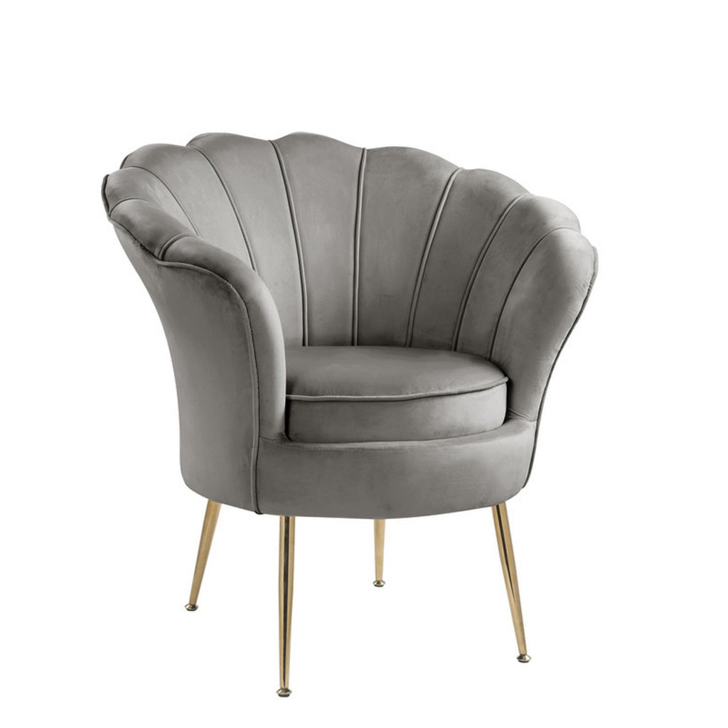 Lotus 34 Inch Barrel Accent Chair Channel Tufted Scallop Back Gray Velvet By Casagear Home BM286573