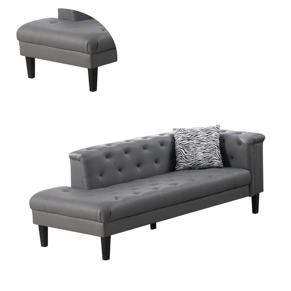 Ella 77 Inch Chaise with Pillow Deep Button Tufted Gray Vegan Leather By Casagear Home BM286579