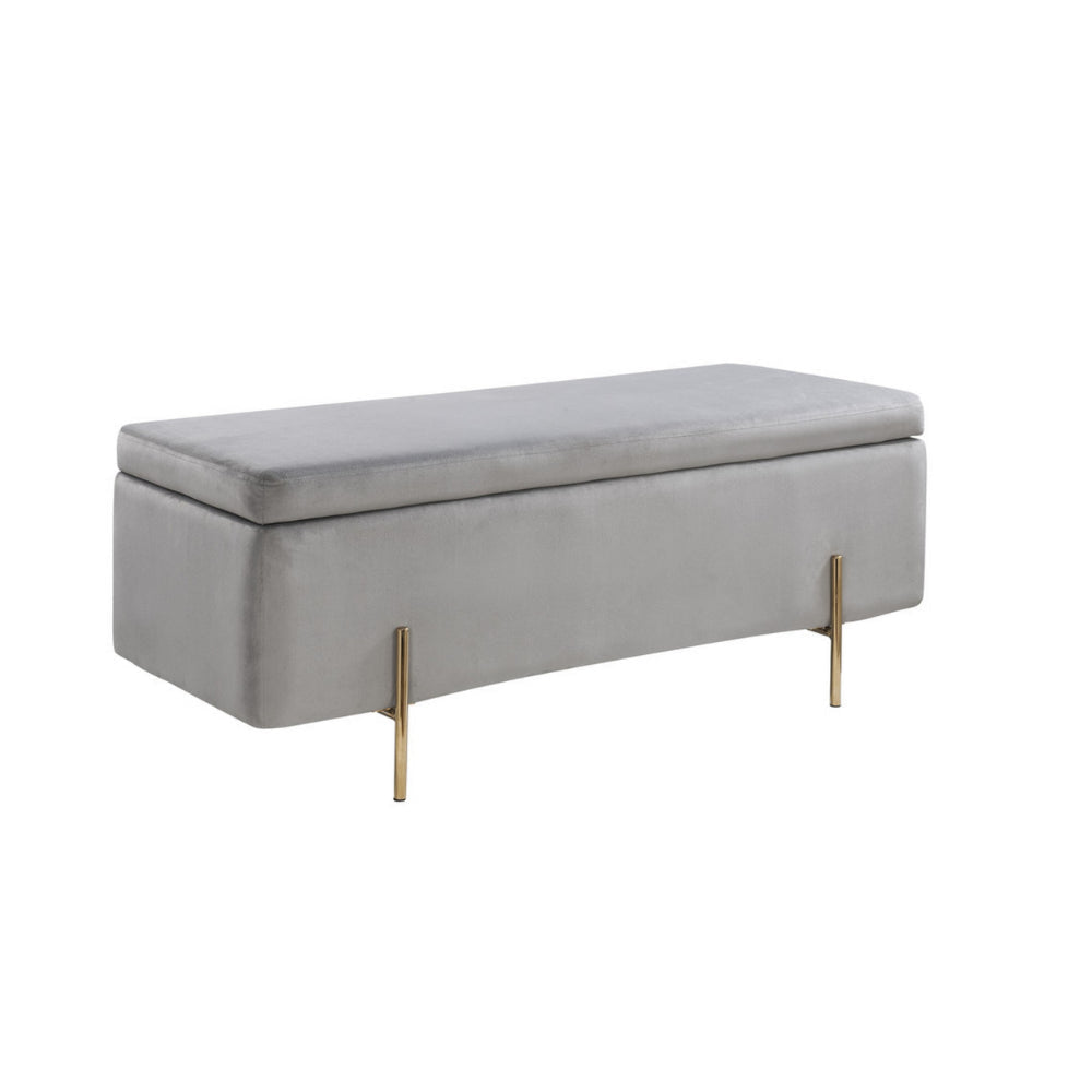 Jaxon 45 Inch Storage Bench with Wood Frame Gold Metal Legs Gray Velvet By Casagear Home BM286595