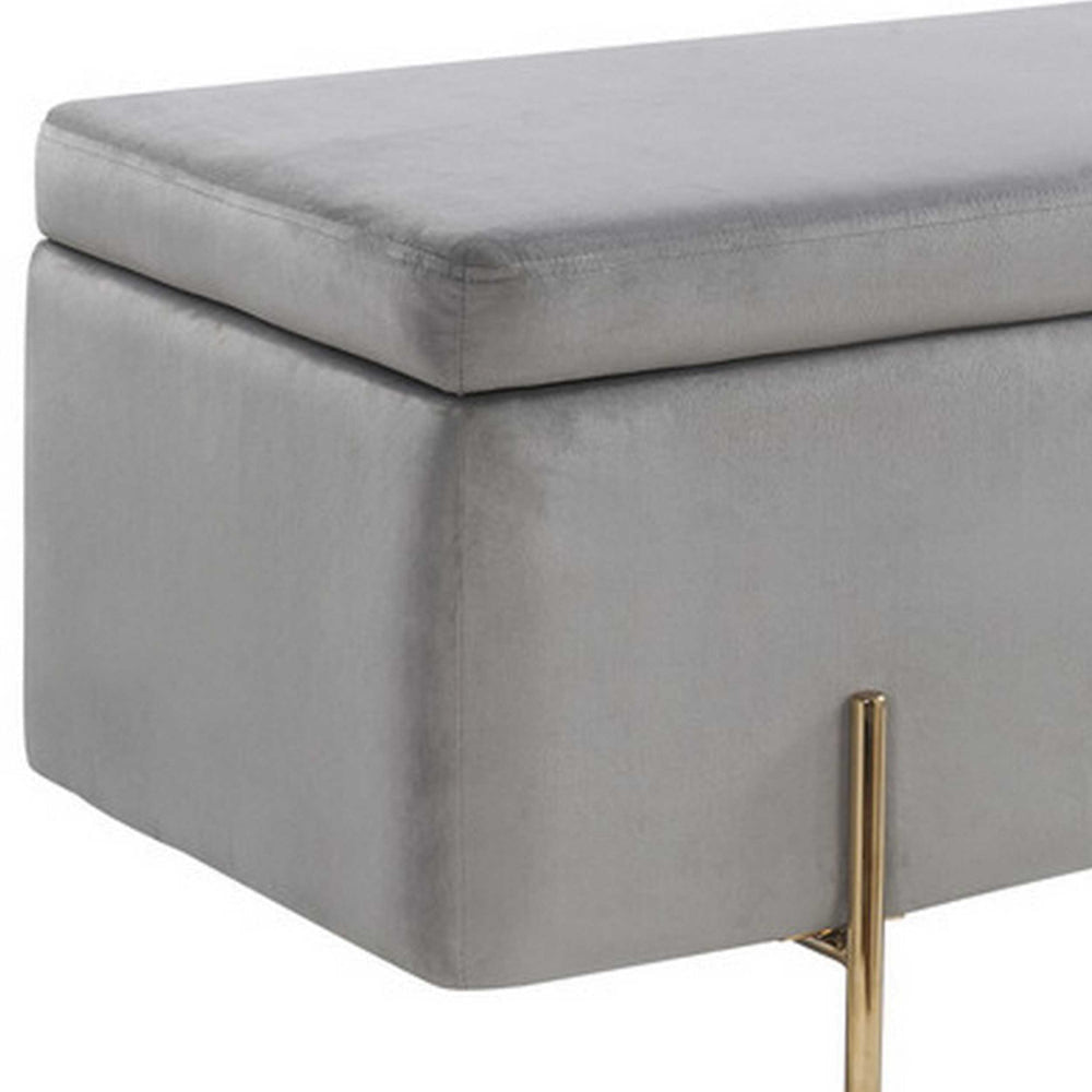 Jaxon 45 Inch Storage Bench with Wood Frame Gold Metal Legs Gray Velvet By Casagear Home BM286595