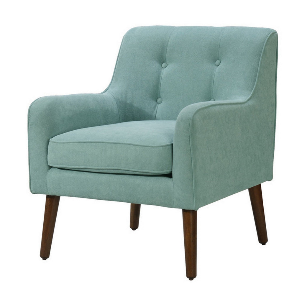 Kina 28 Inch Accent Chair, Teal Fabric, Button Tufted, Angled Wood Legs By Casagear Home